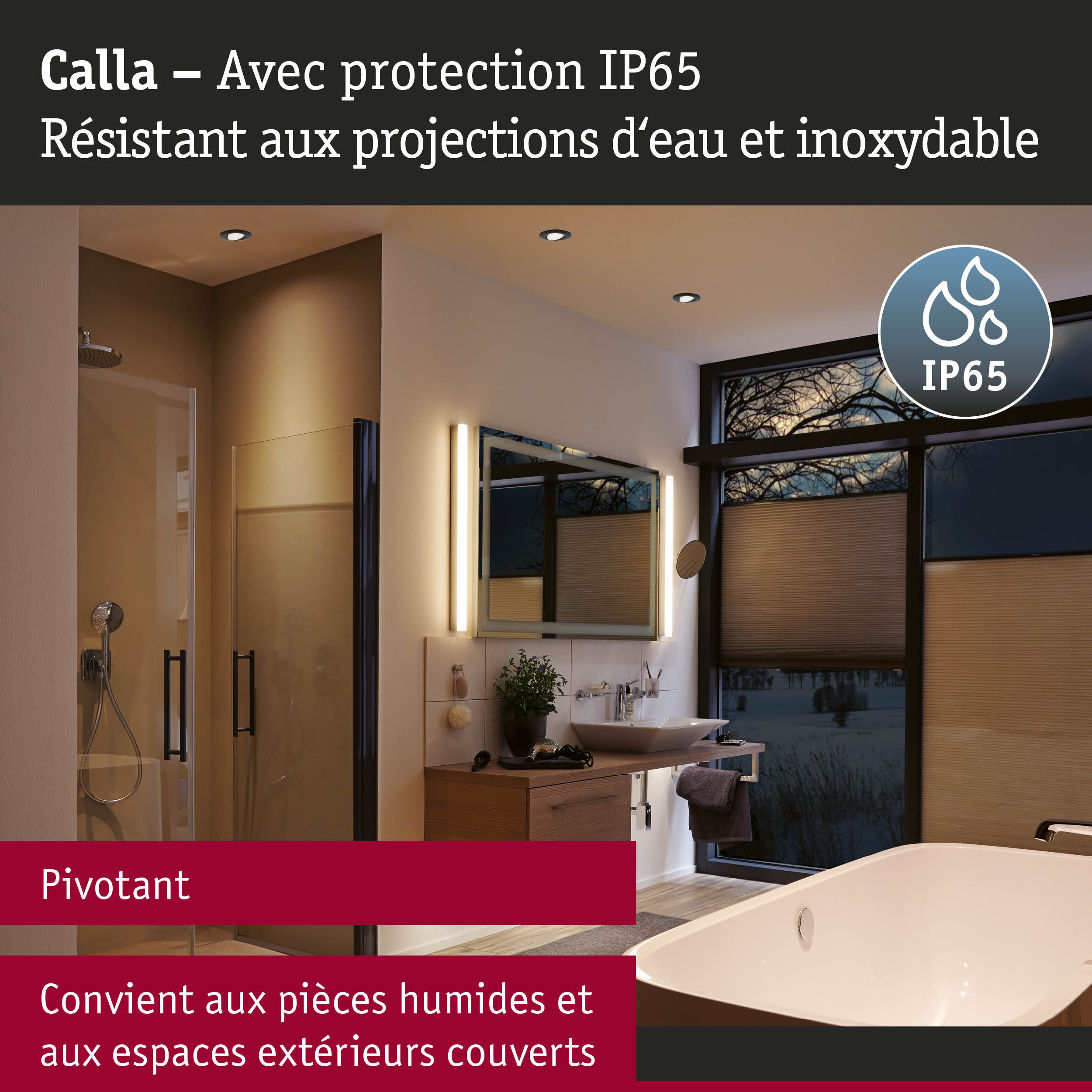 Spot encastré pivotant Calla avec protection IP65, résistant à l'humidité pour pièces humides et espaces extérieurs couverts