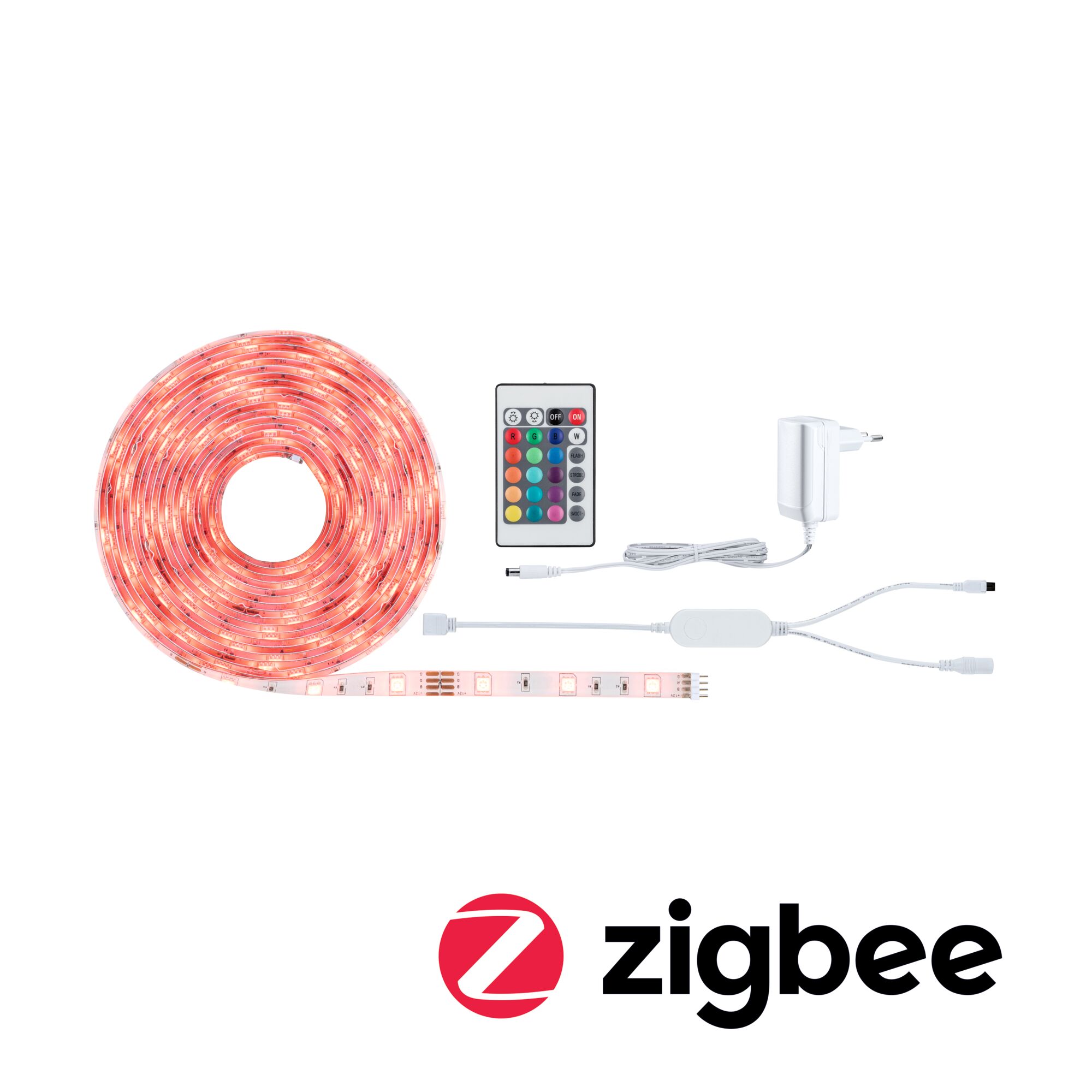 SimpLED LED Strip Smart Home Zigbee 3.0 RGB Komplettset 5m beschichtet 20W 90lm/m 30 LEDs/m RGB 24VA RGB LED-Lichtband mit Fernbedienung und Netzteil in Weiß für smarte Zigbee-Beleuchtung