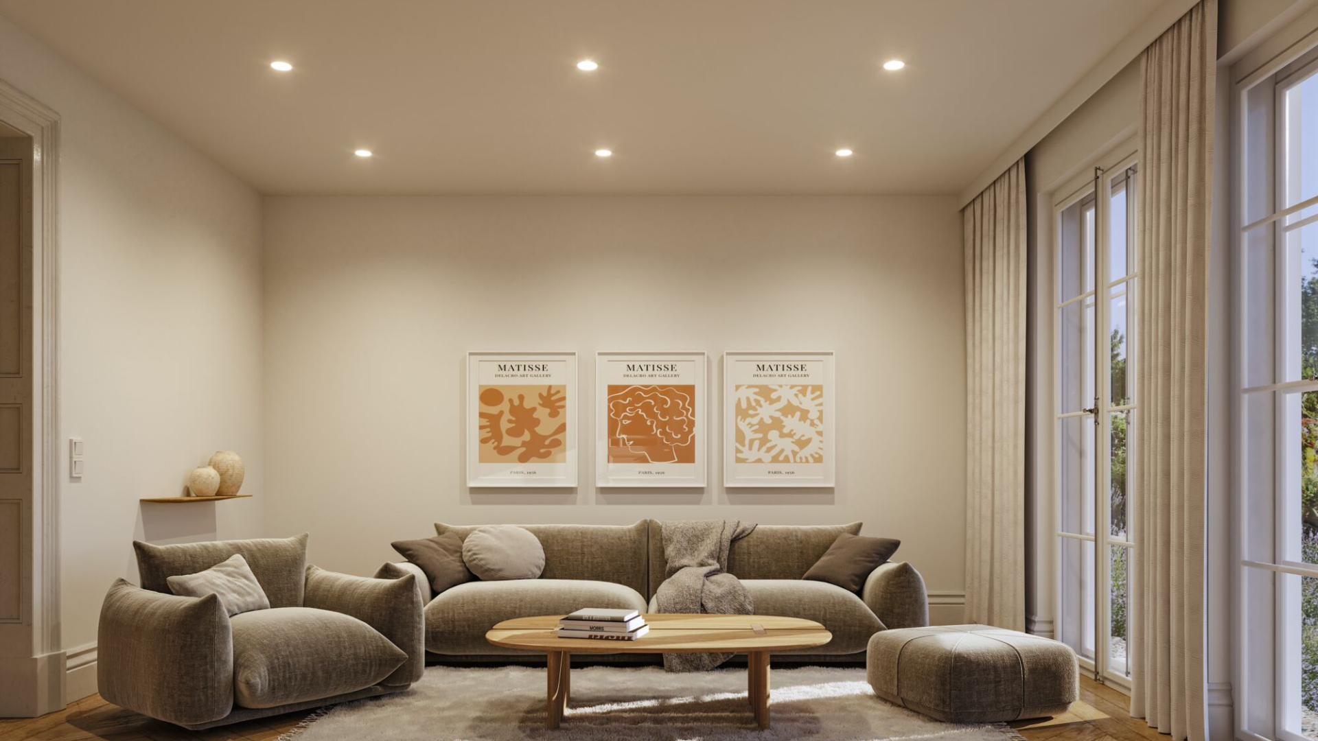 Modern living room with beige fabric sofa, wooden coffee table, and warm white LED recessed ceiling lights