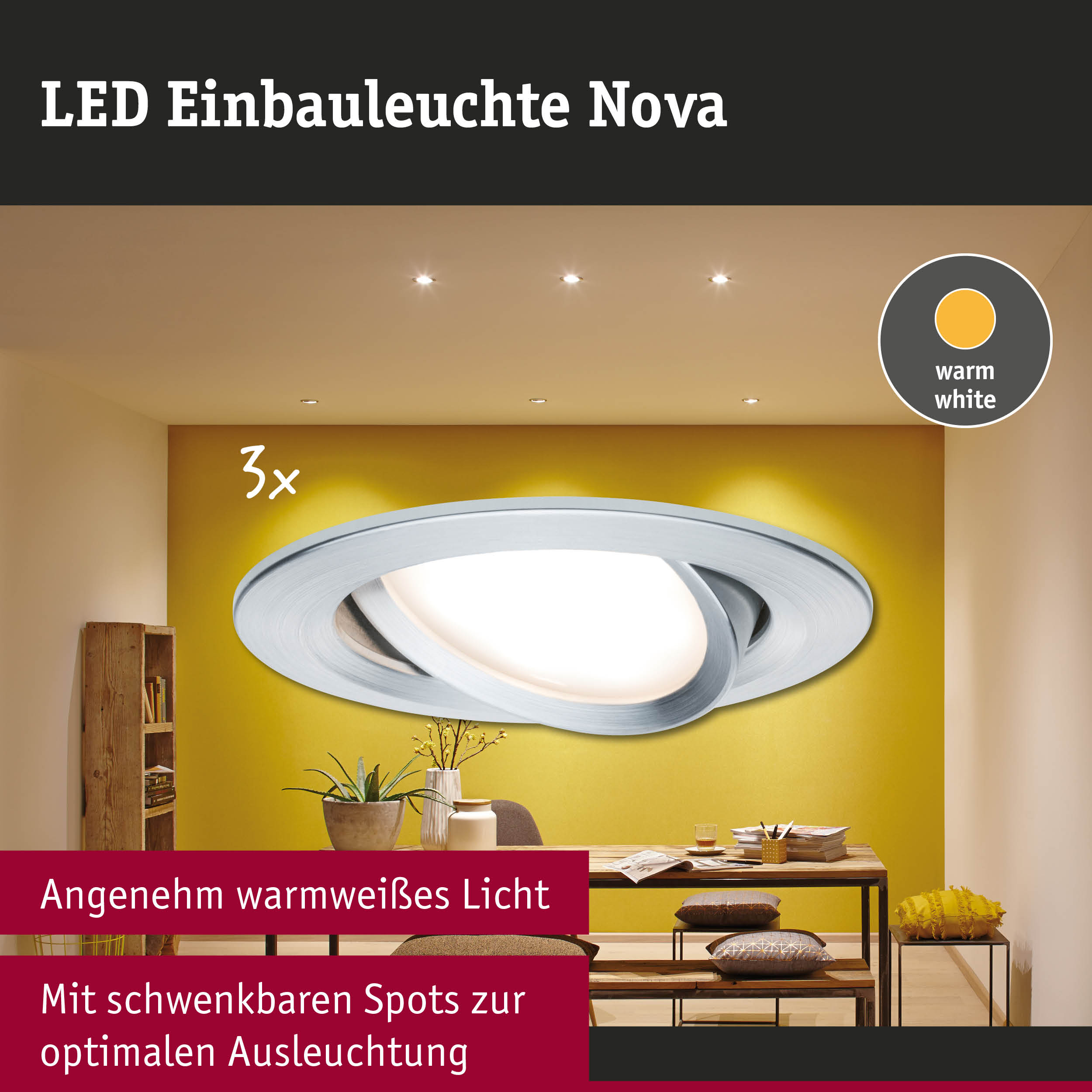 LED Einbauleuchte Nova in Weiß mit warmweißem Licht und schwenkbaren Spots für optimale Ausleuchtung