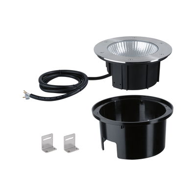 Erdstrahler aus Edelstahl und Kunststoff in Schwarz mit Kabel und Montagehalterungen für Außenbeleuchtung