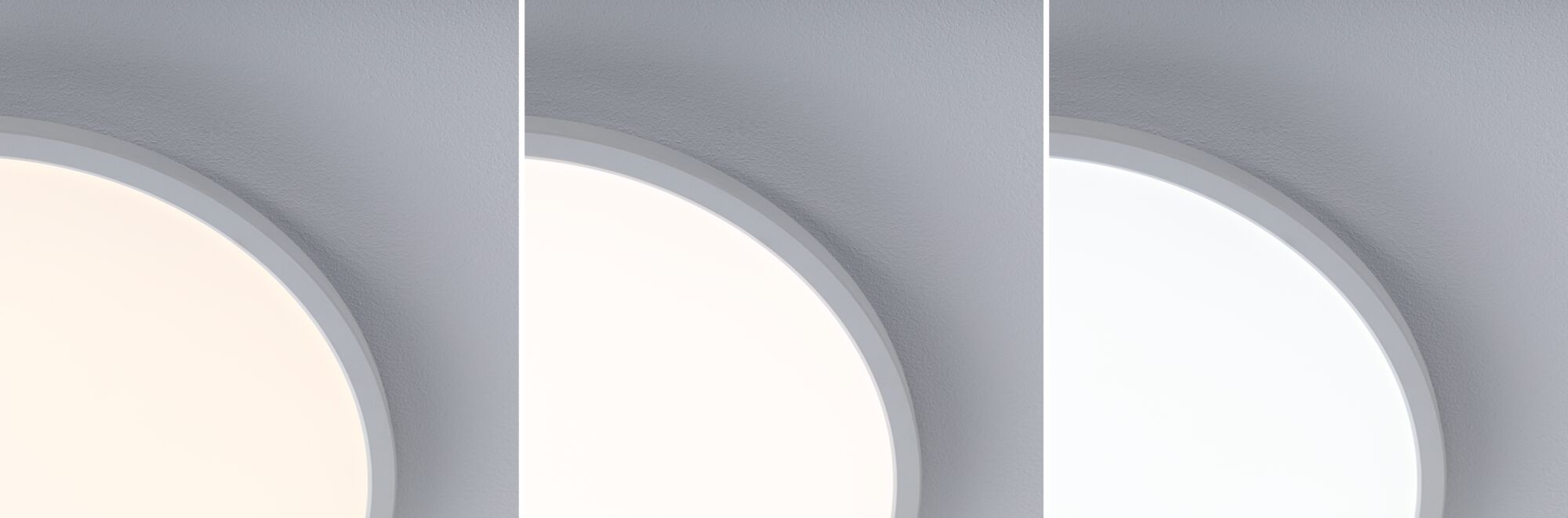 Drei weiße runde LED-Deckenleuchten mit unterschiedlicher Lichtfarbe an grauer Decke