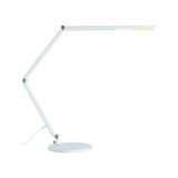 White LED desk lamp with adjustable arm and round base for modern workspace lighting