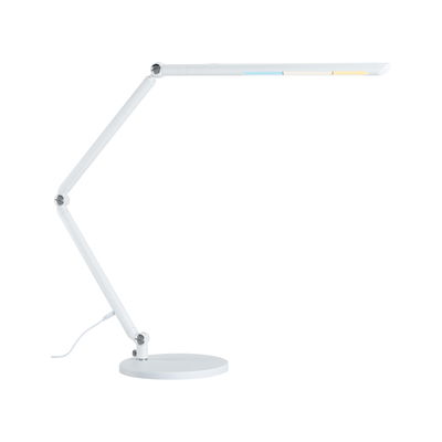 White LED desk lamp with adjustable arm and round base for modern workspace lighting