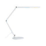 White LED desk lamp with adjustable arm and round base for modern workspace lighting