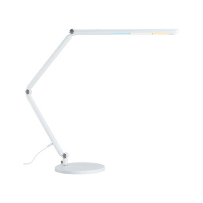 White LED desk lamp with adjustable arm and round base for modern workspace lighting