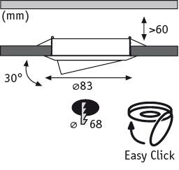 Technical drawing of recessed spotlight cross-section with 83 mm diameter and 30-degree tilt.