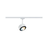 Weißer LED-Spot aus Metall an Schienensystem mit einstellbarem Lichtwinkel für moderne Beleuchtung