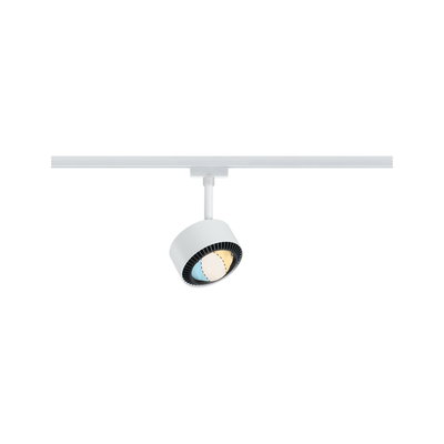 Weißer LED-Spot aus Metall an Schienensystem mit einstellbarem Lichtwinkel für moderne Beleuchtung