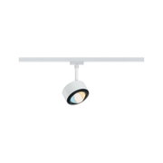 Weißer LED-Spot aus Metall an Schienensystem mit einstellbarem Lichtwinkel für moderne Beleuchtung