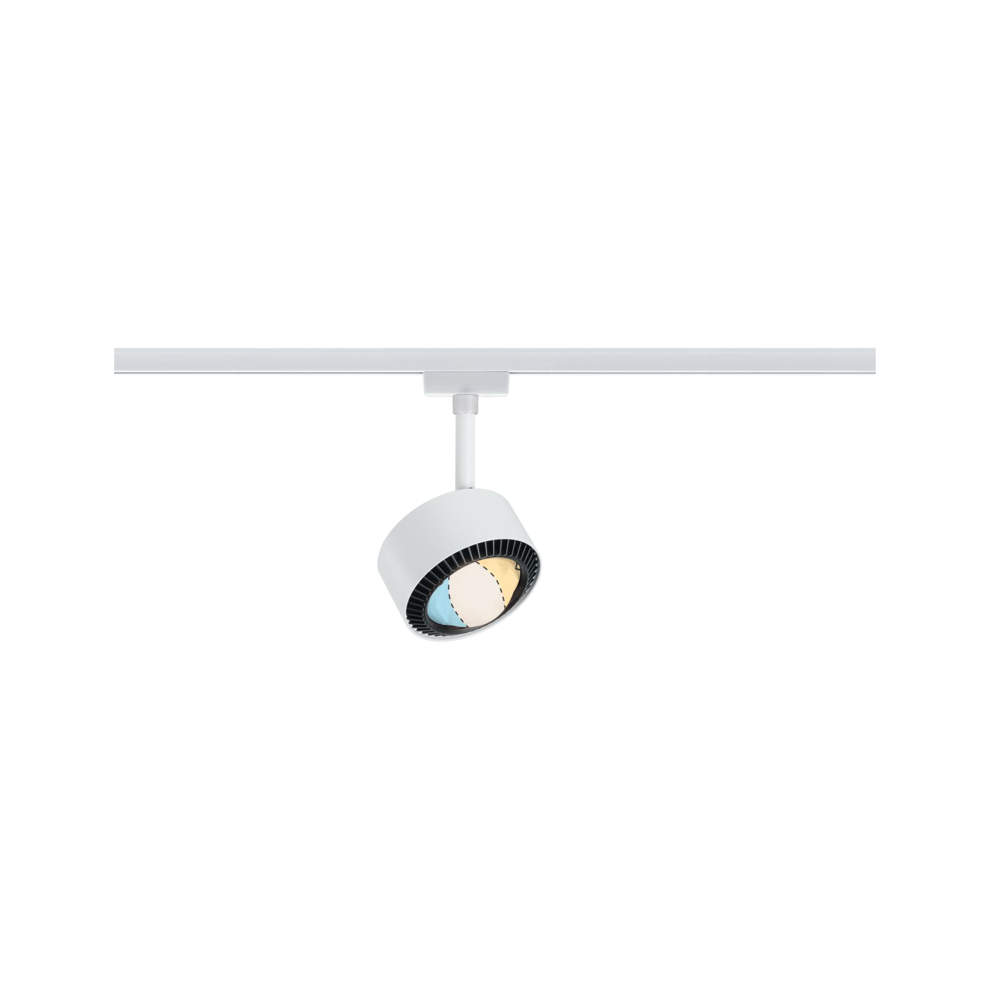 Weißer LED-Spot aus Metall an Schienensystem mit einstellbarem Lichtwinkel für moderne Beleuchtung