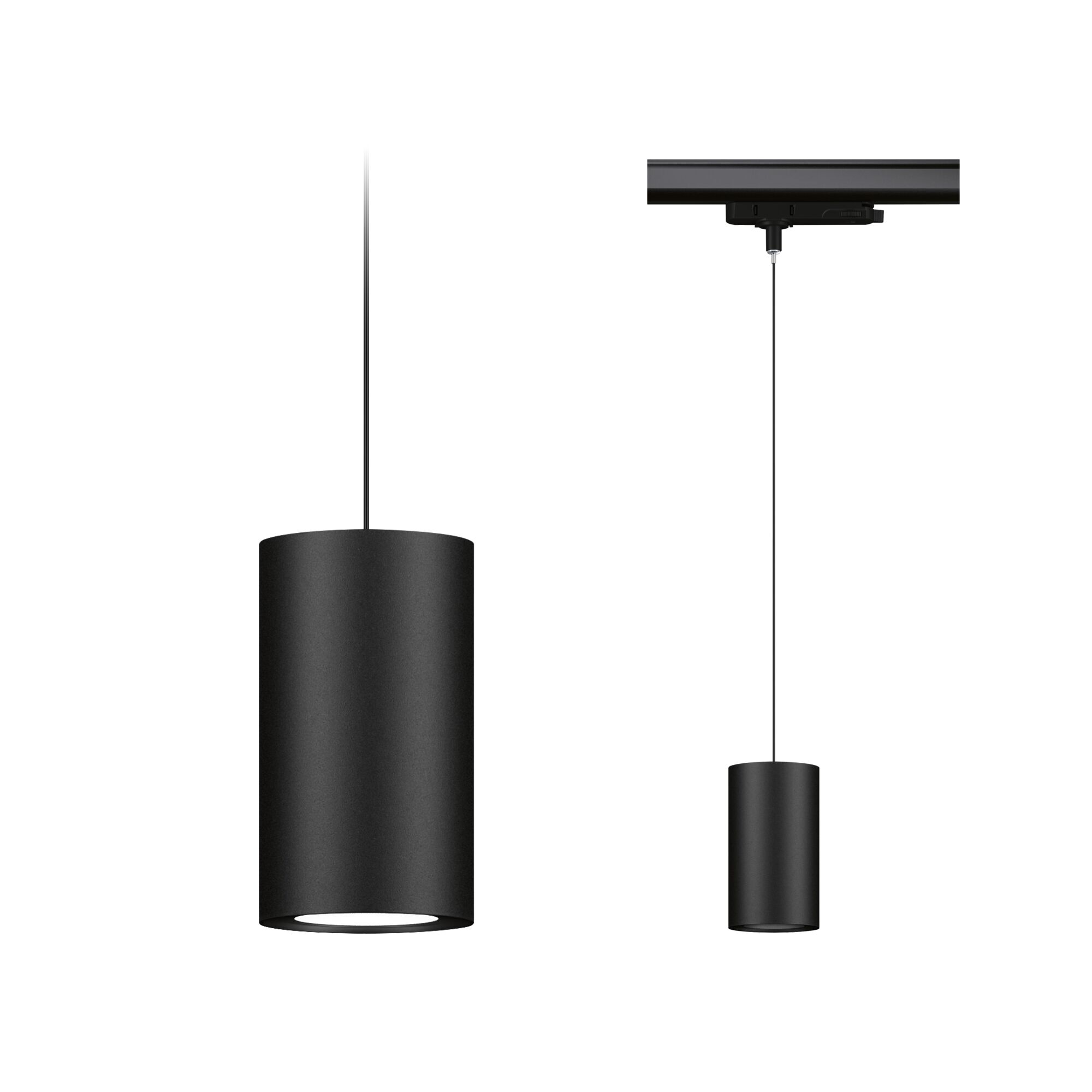 Schwarze zylindrische Pendelleuchte aus Metall mit LED-Beleuchtung für moderne Innenräume.