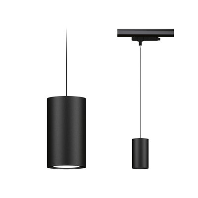 Schwarze zylindrische Pendelleuchte aus Metall mit LED-Beleuchtung für moderne Innenräume.