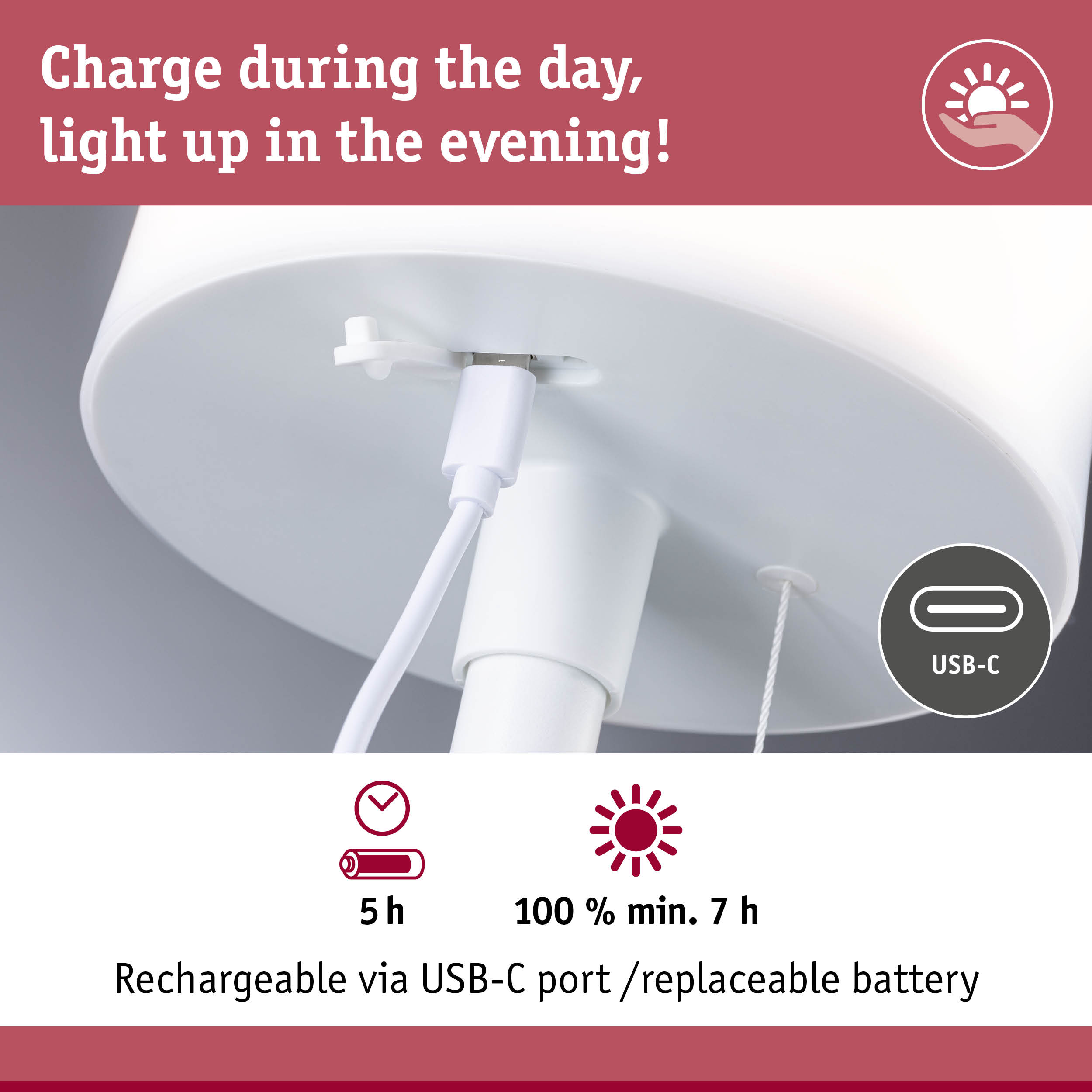 White USB-C charger with replaceable battery for LED lamps, 5 hours charging time and 7 hours light
