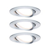 Drei runde Einbaustrahler aus gebürstetem Aluminium mit warmweißem LED-Licht für moderne Raumbeleuchtung