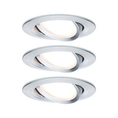 Drei runde Einbaustrahler aus gebürstetem Aluminium mit warmweißem LED-Licht für moderne Raumbeleuchtung