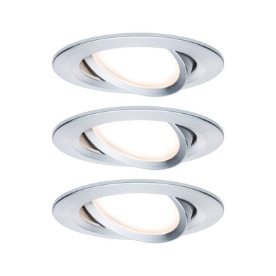 Three round recessed spotlights in brushed aluminum with warm white LED light for modern room lighting