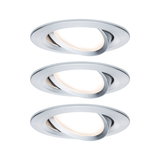 Three round recessed spotlights in brushed aluminum with warm white LED light for modern room lighting