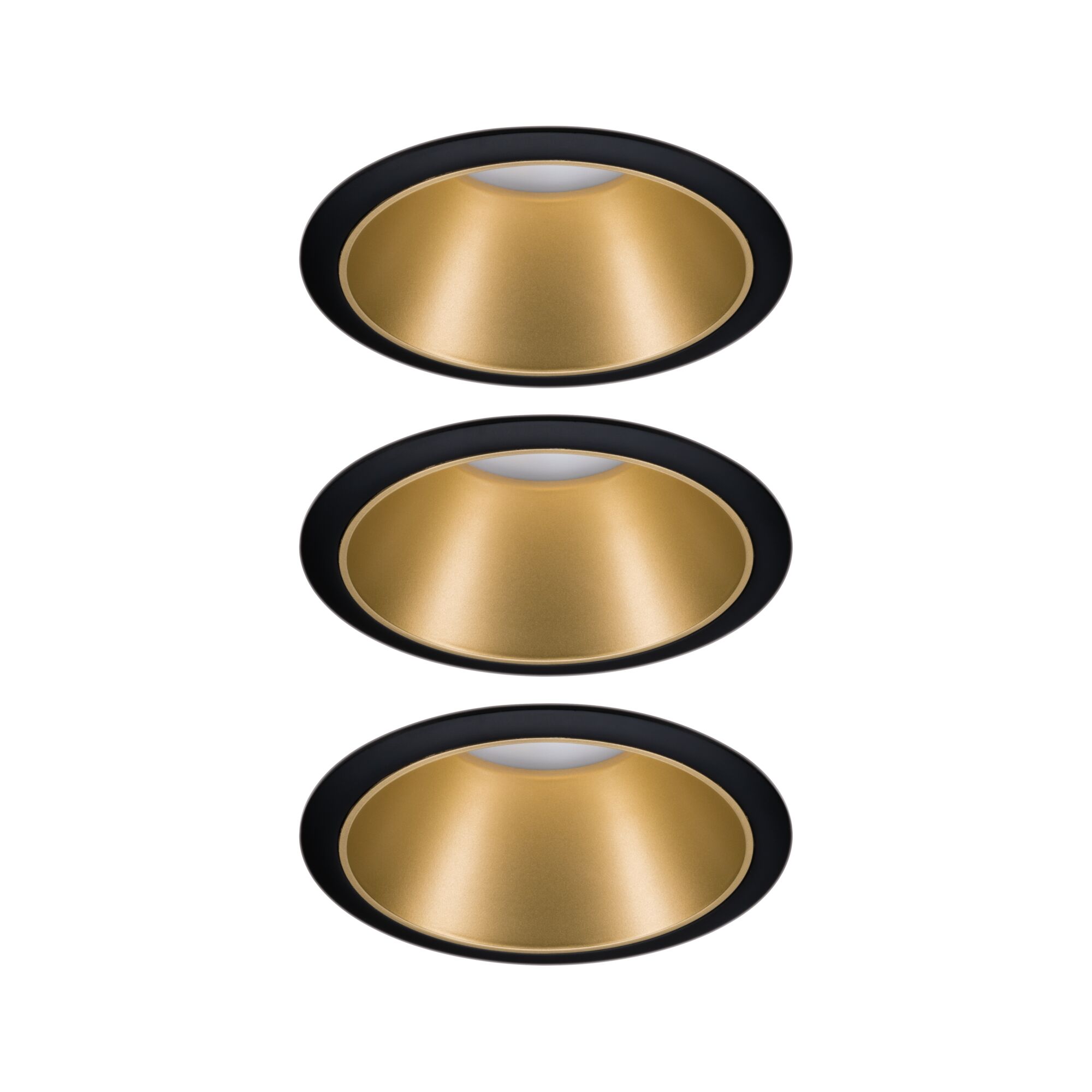 Drei runde Einbaustrahler mit schwarzem Rand und goldfarbenem Reflektor für moderne LED-Beleuchtung