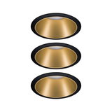 Three round recessed lights with black trim and gold reflector for modern LED lighting solutions