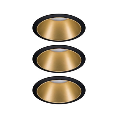 Drei runde Einbaustrahler mit schwarzem Rand und goldfarbenem Reflektor für moderne LED-Beleuchtung