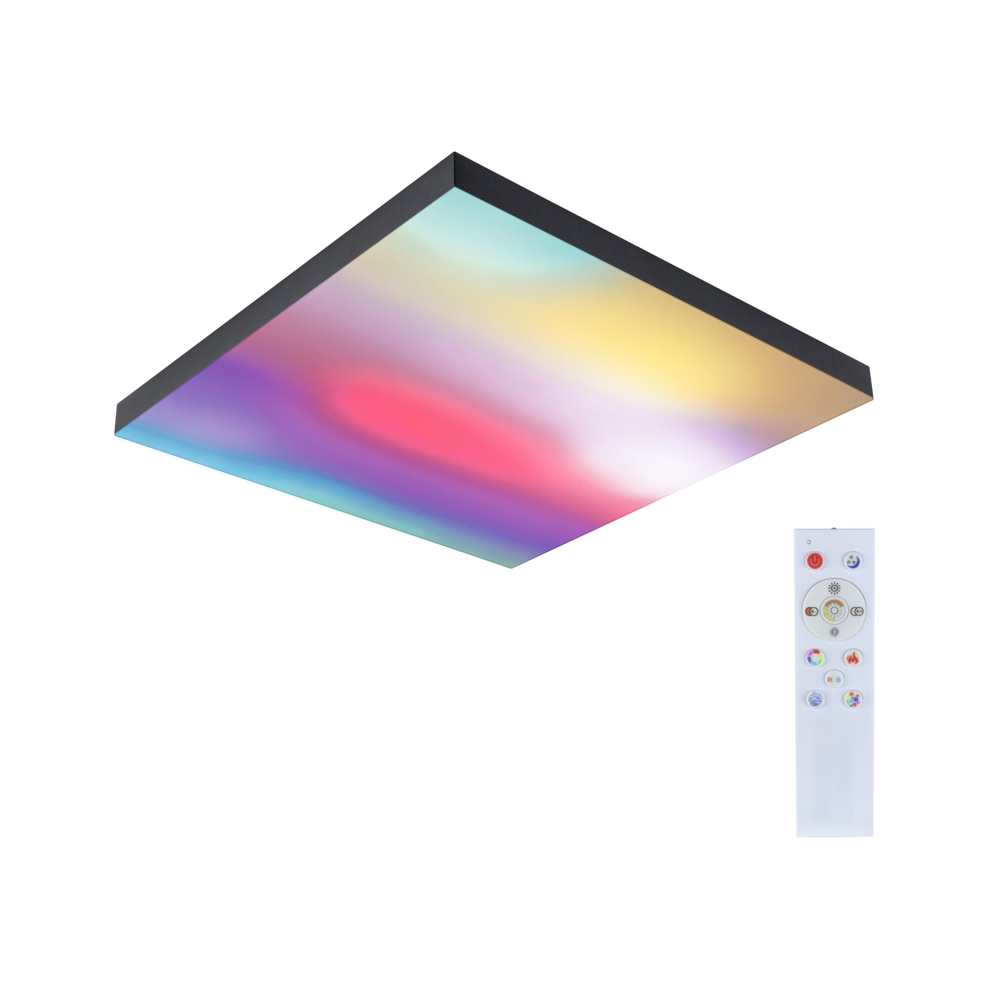 Plafonnier LED carré avec cadre noir et éclairage multicolore contrôlé par télécommande