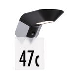Black LED house number light in plastic with motion sensor and white light for outdoor use.