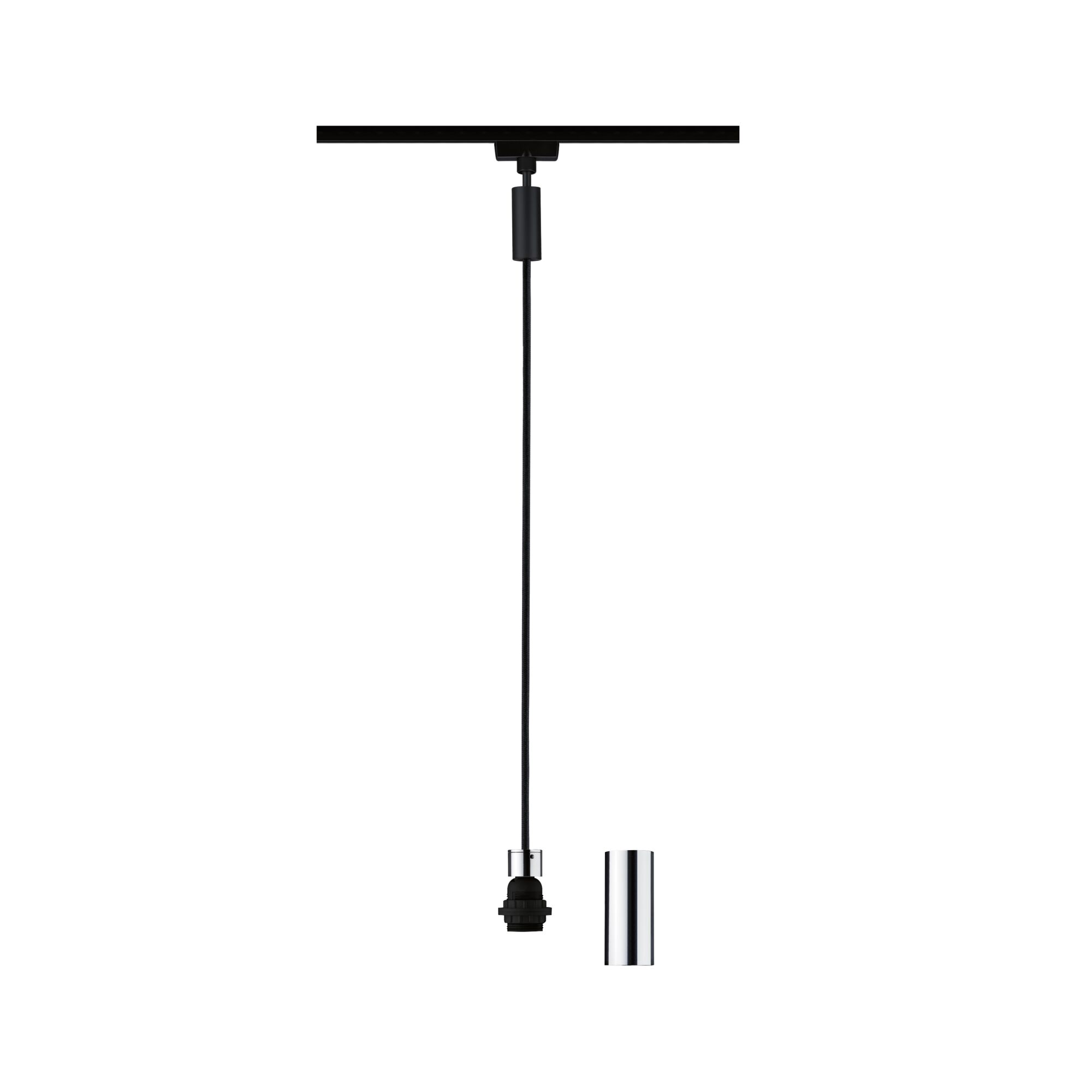 Zwarte kabel met chromen lampfitting voor moderne LED-hanglamp, minimalistisch ontwerp