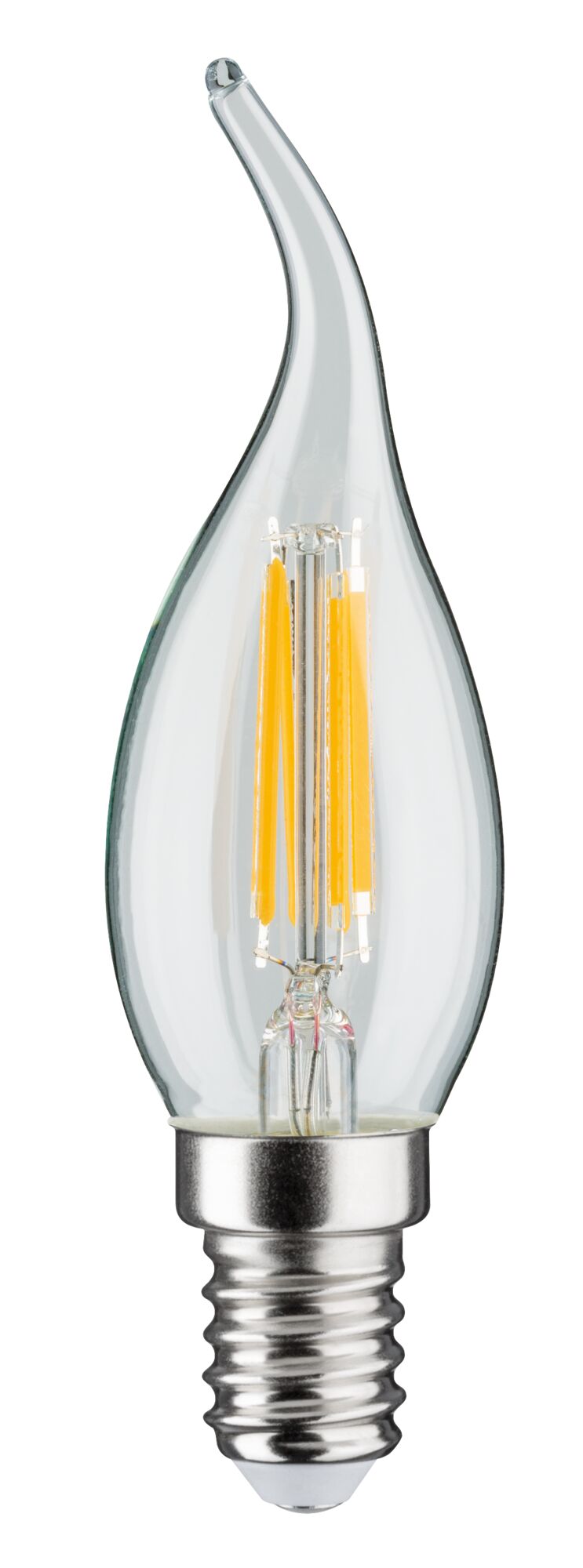 LED candle bulb with clear glass flame shape and silver screw base for decorative lighting