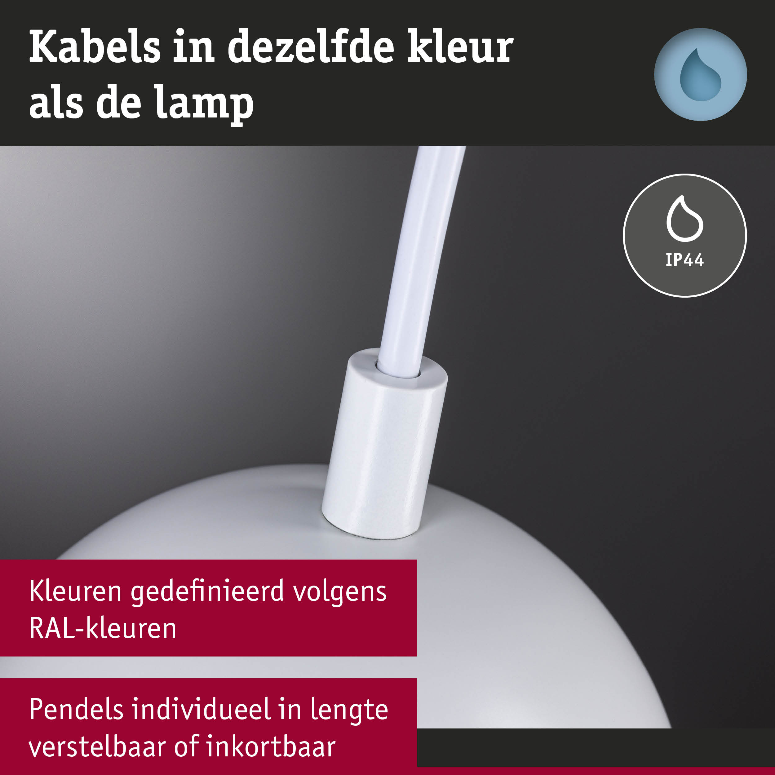 Witte hanglamp met wit kabel in dezelfde kleur als de lamp, IP44 beschermingsklasse, verstelbare lengte