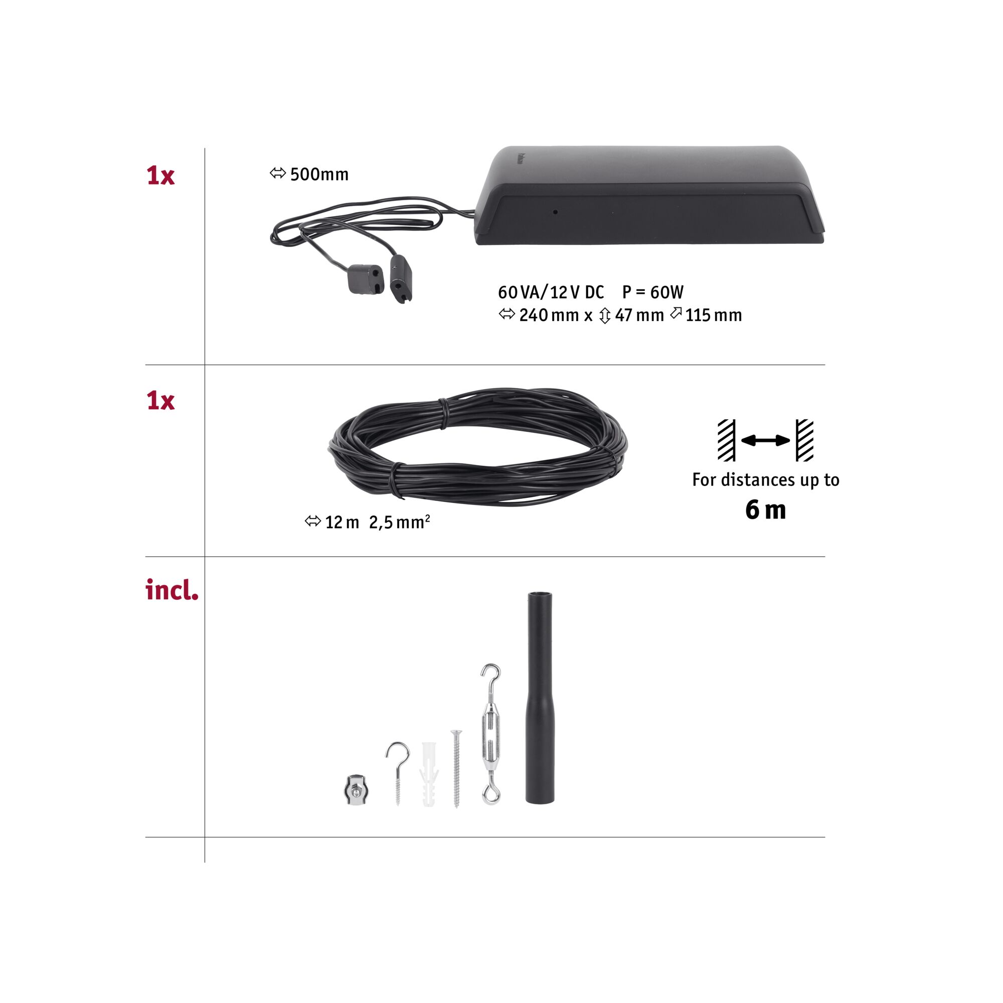 Schwarzes 60W 12V DC Netzteil mit 12m Kabel und Montagematerial für LED-Beleuchtung bis 6m Entfernung