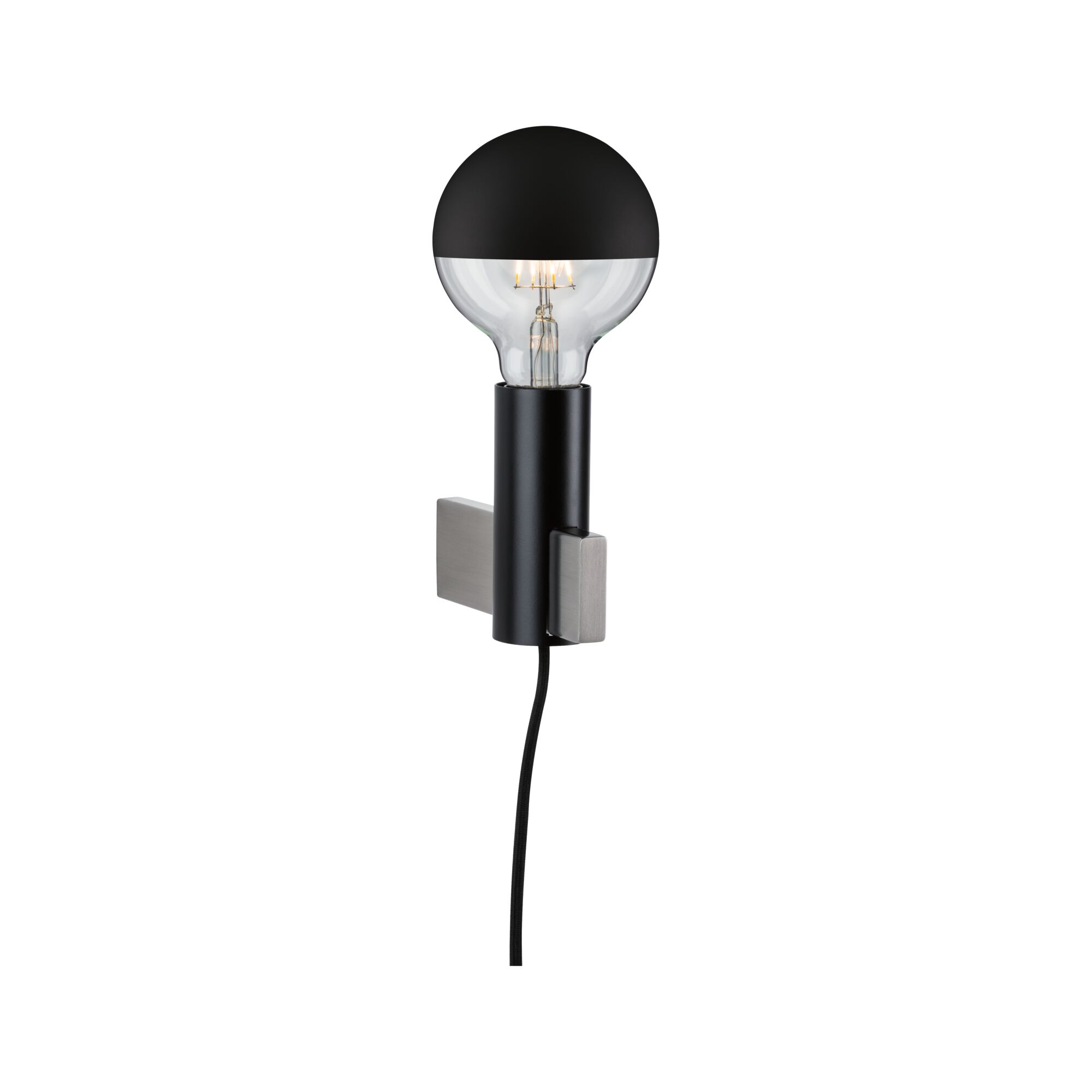 Modern wall lamp with black metal cylinder and half-globe bulb for stylish lighting in interiors.