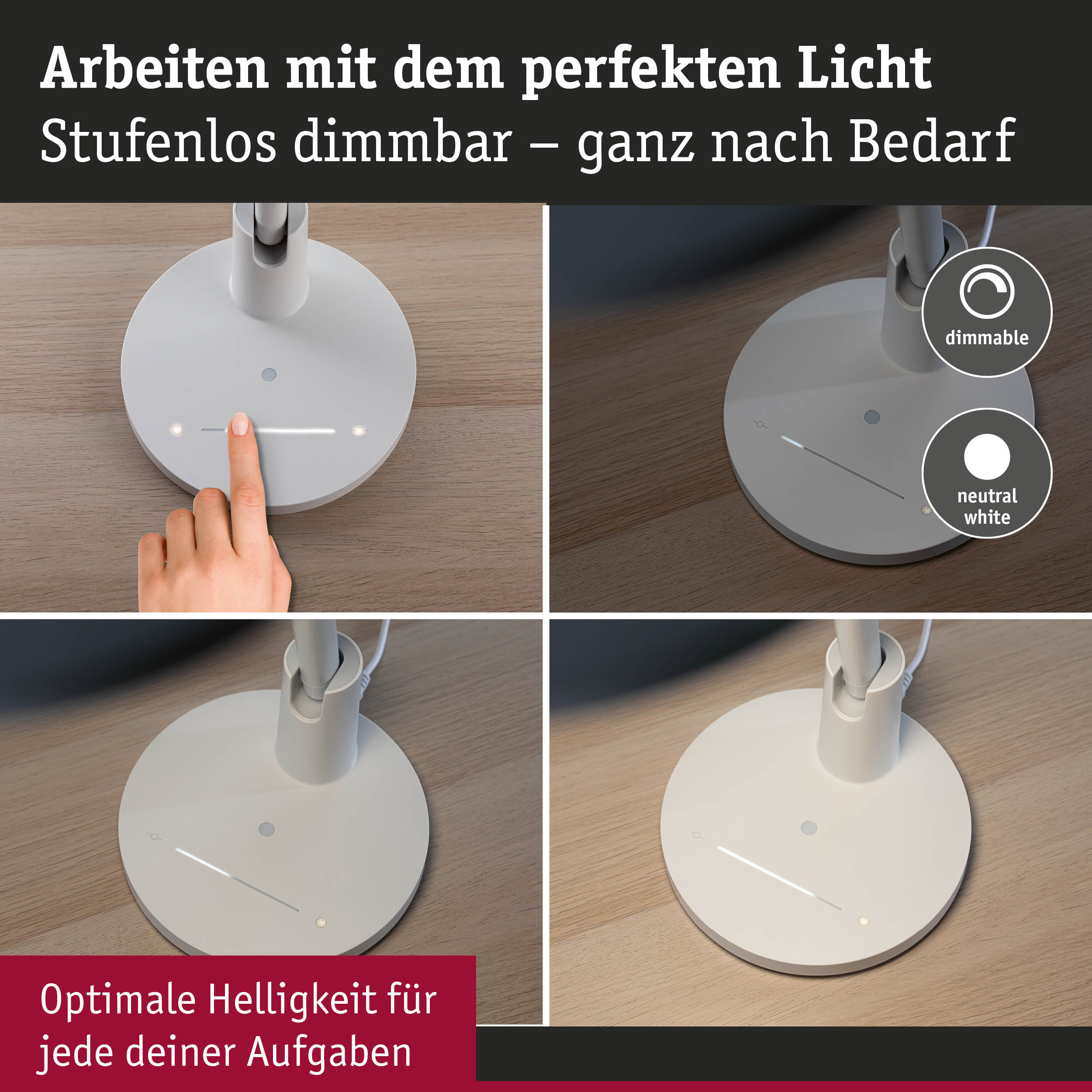 Weiße dimmbare LED-Schreibtischlampe mit Touch-Steuerung für optimale Helligkeit am Arbeitsplatz