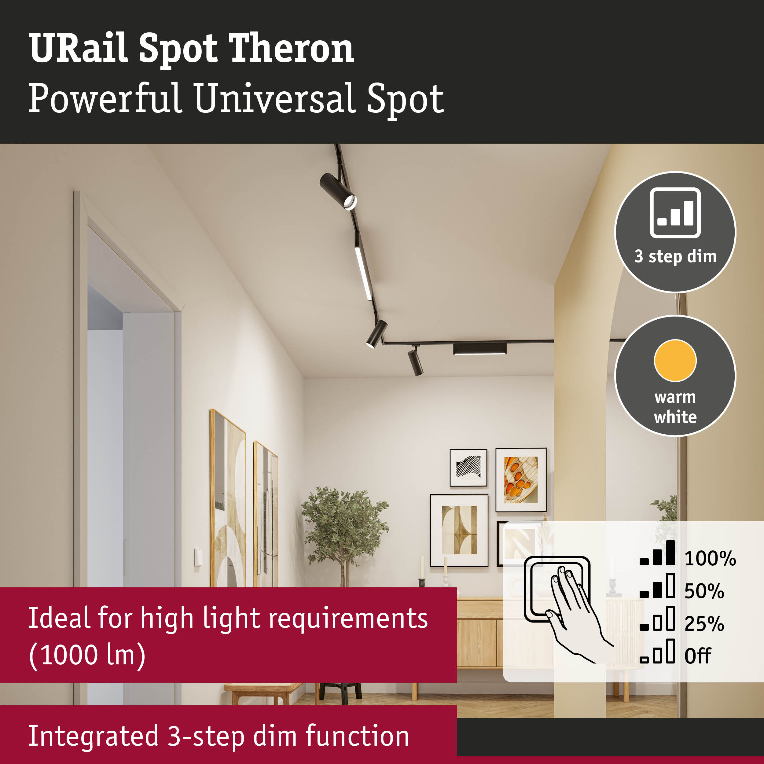 Black URail Spot Theron LED track light with integrated 3-step dim function and warm white light
