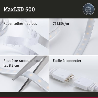 Bande LED MaxLED 500 avec dos adhésif, 72 LED/m, peut être raccourcie tous les 8,3 cm, facile à connecter