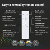 White remote control with buttons for dimmable light, white switch and RGB color change control