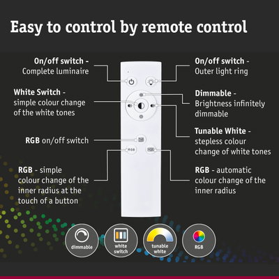 White remote control with buttons for dimmable light, white switch and RGB color change control