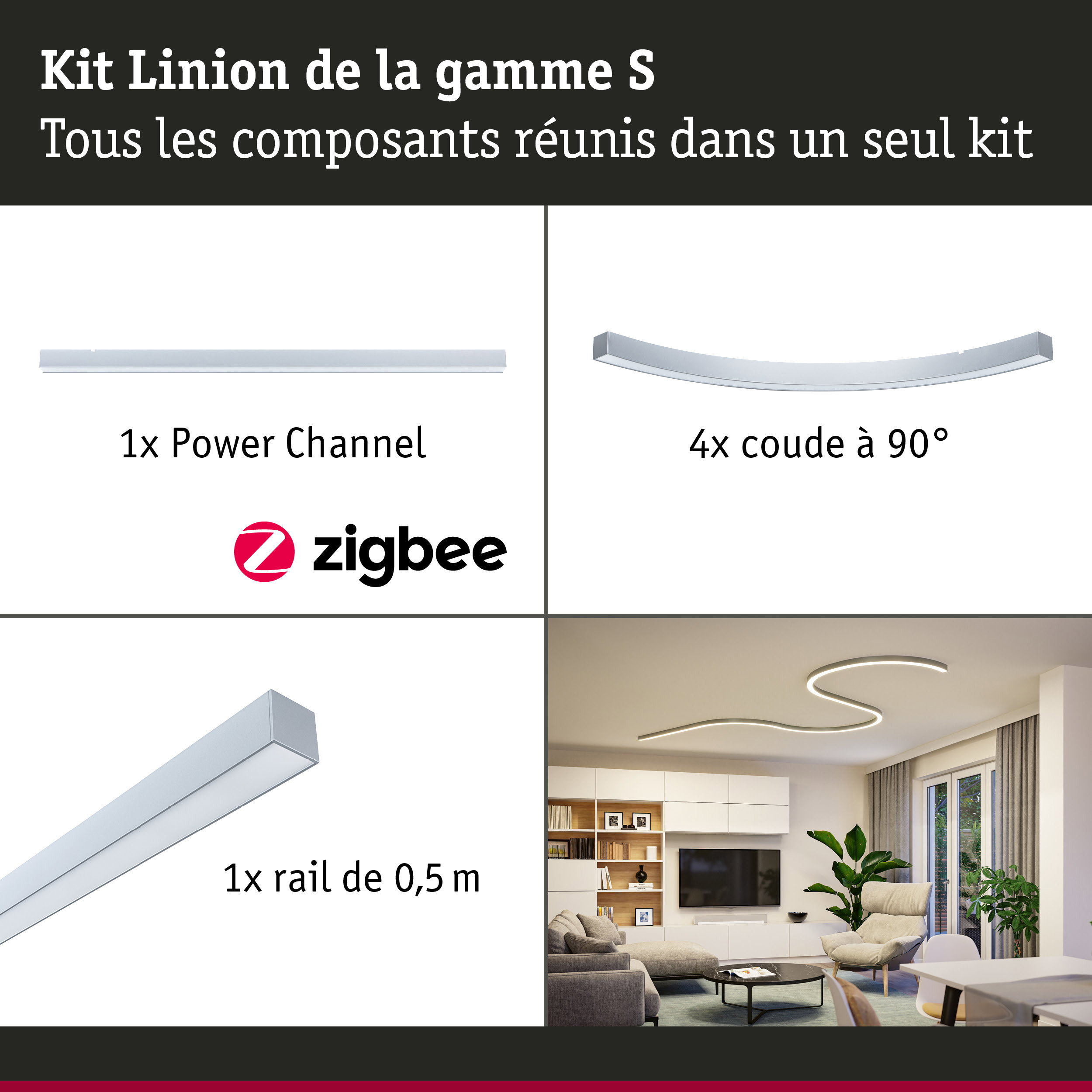 Linion Canal lumineux Smart Home Zigbee 3.0 Forme en S Kit complet 230/24V W 3000K Chrome mat