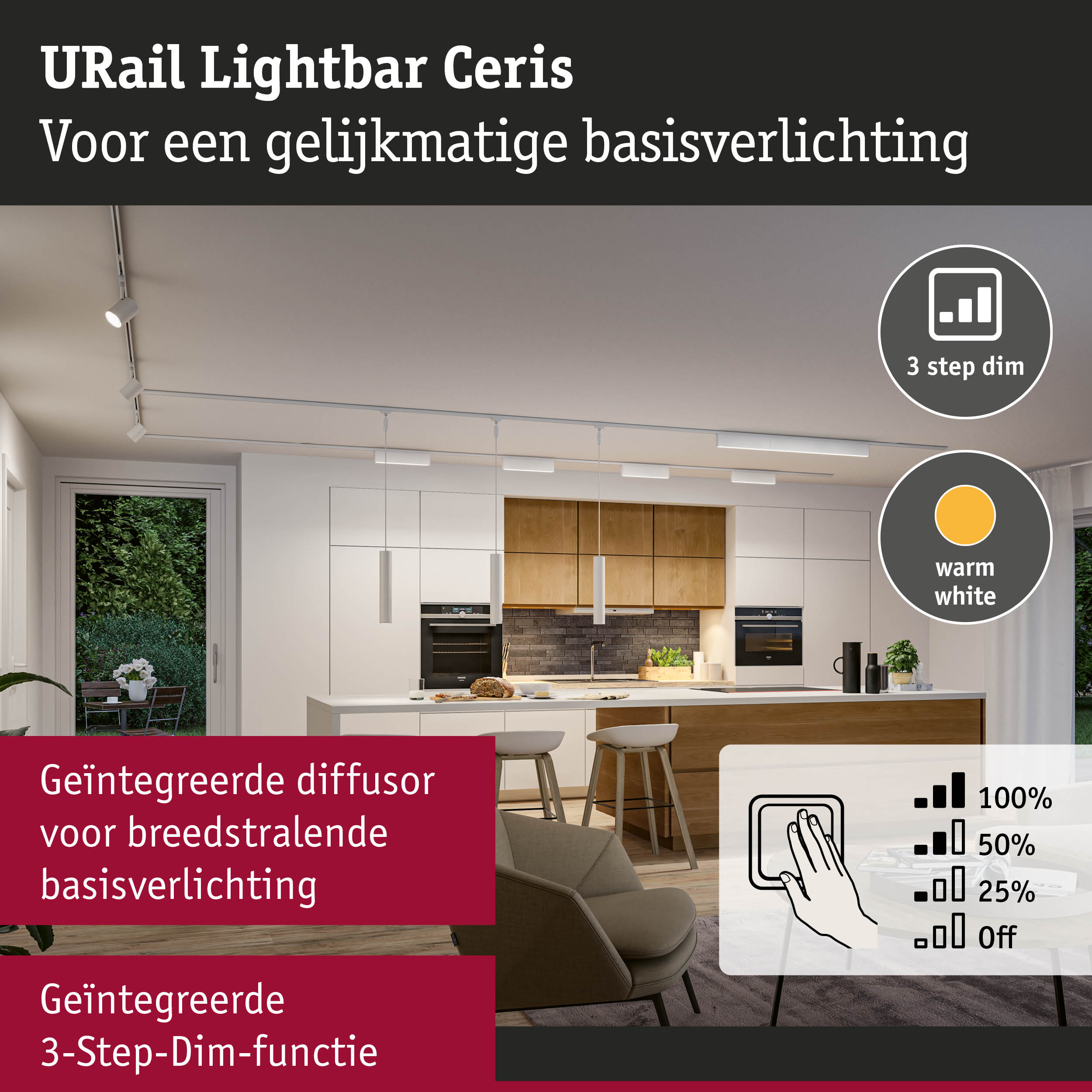 URail Lightbar Ceris witte plafondlamp met 3-staps dimfunctie voor gelijkmatige basisverlichting