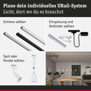 Modulares URail-Schienensystem mit weißen und schwarzen Schienen, Spots und Pendelleuchten für flexible Raumbeleuchtung