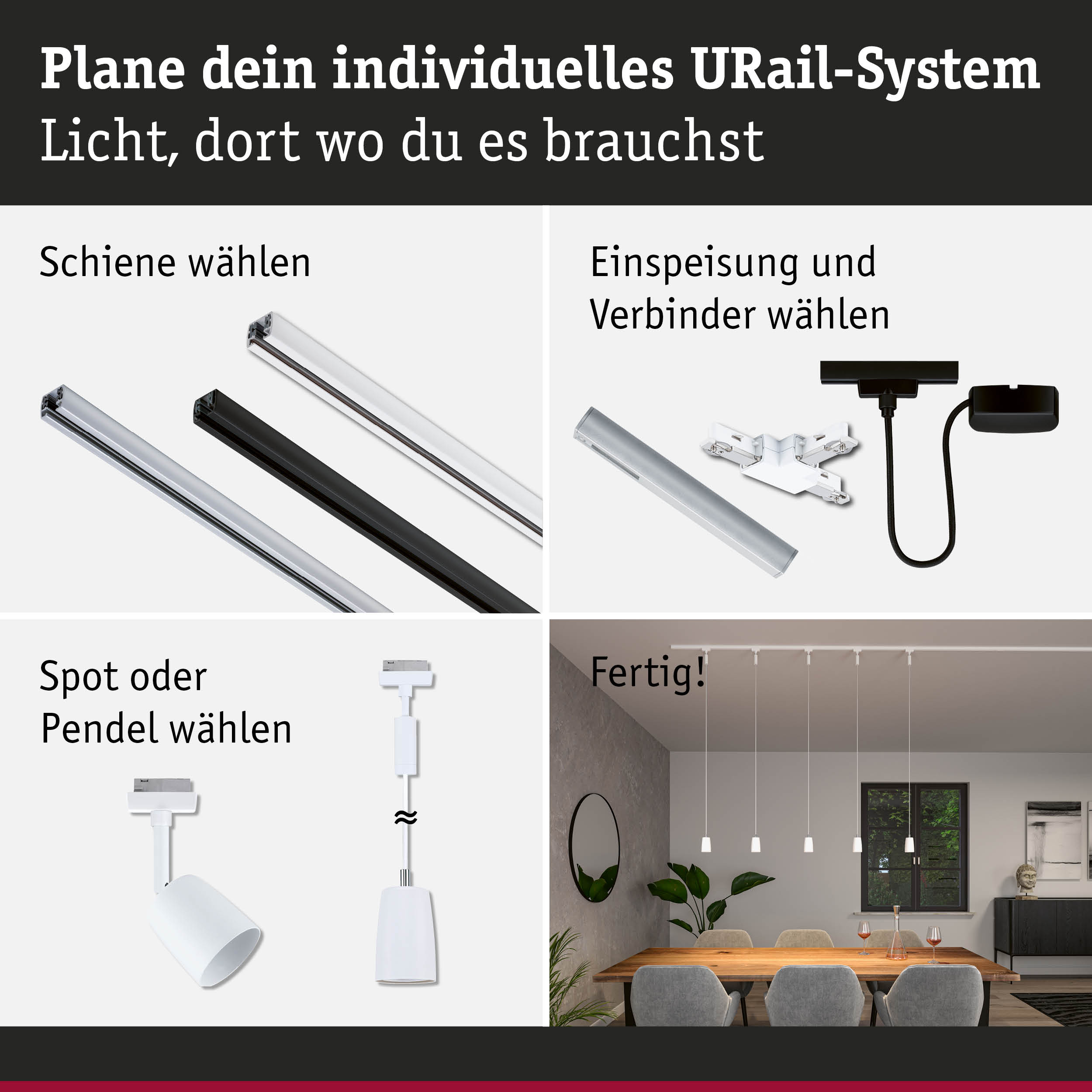 Modulares URail-Schienensystem mit weißen und schwarzen Schienen, Spots und Pendelleuchten für flexible Raumbeleuchtung
