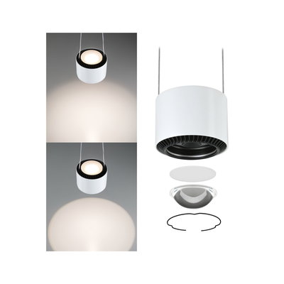 White metal LED pendant light with black heat sink and interchangeable lenses for modern interiors.