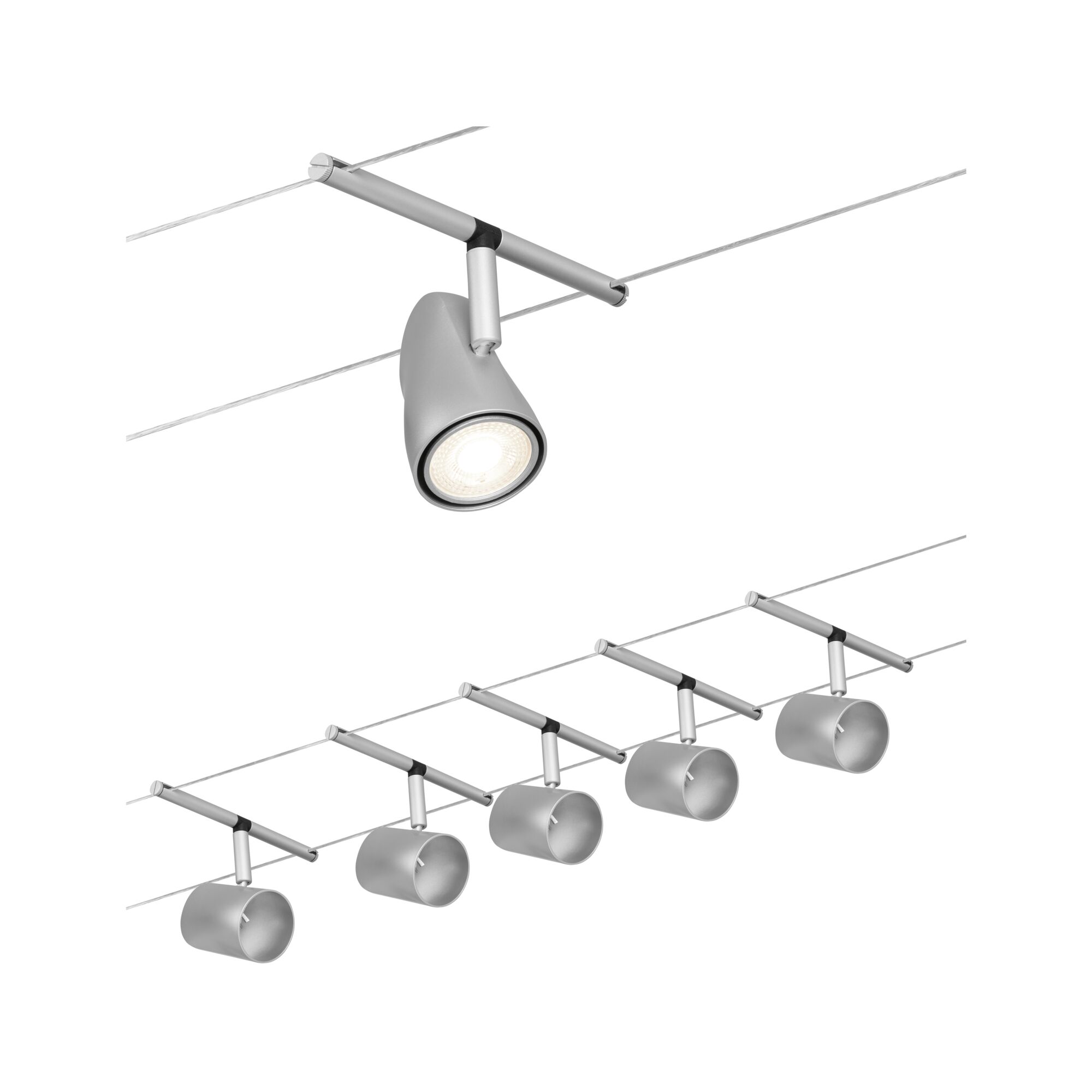 Moderner silberner LED-Seilstrahler mit verstellbarem Spotkopf für flexible Beleuchtung.