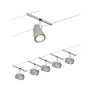 Moderner silberner LED-Seilstrahler mit verstellbarem Spotkopf für flexible Beleuchtung.