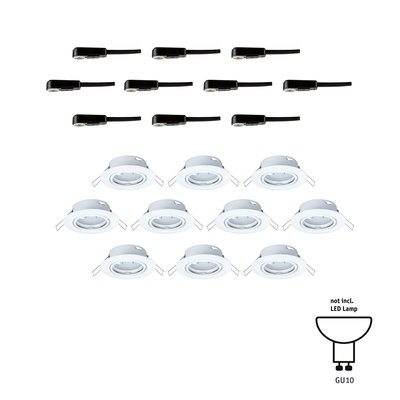 Zehn weiße Einbaustrahler aus Kunststoff mit zehn schwarzen Steckverbindern für GU10 LED Lampen