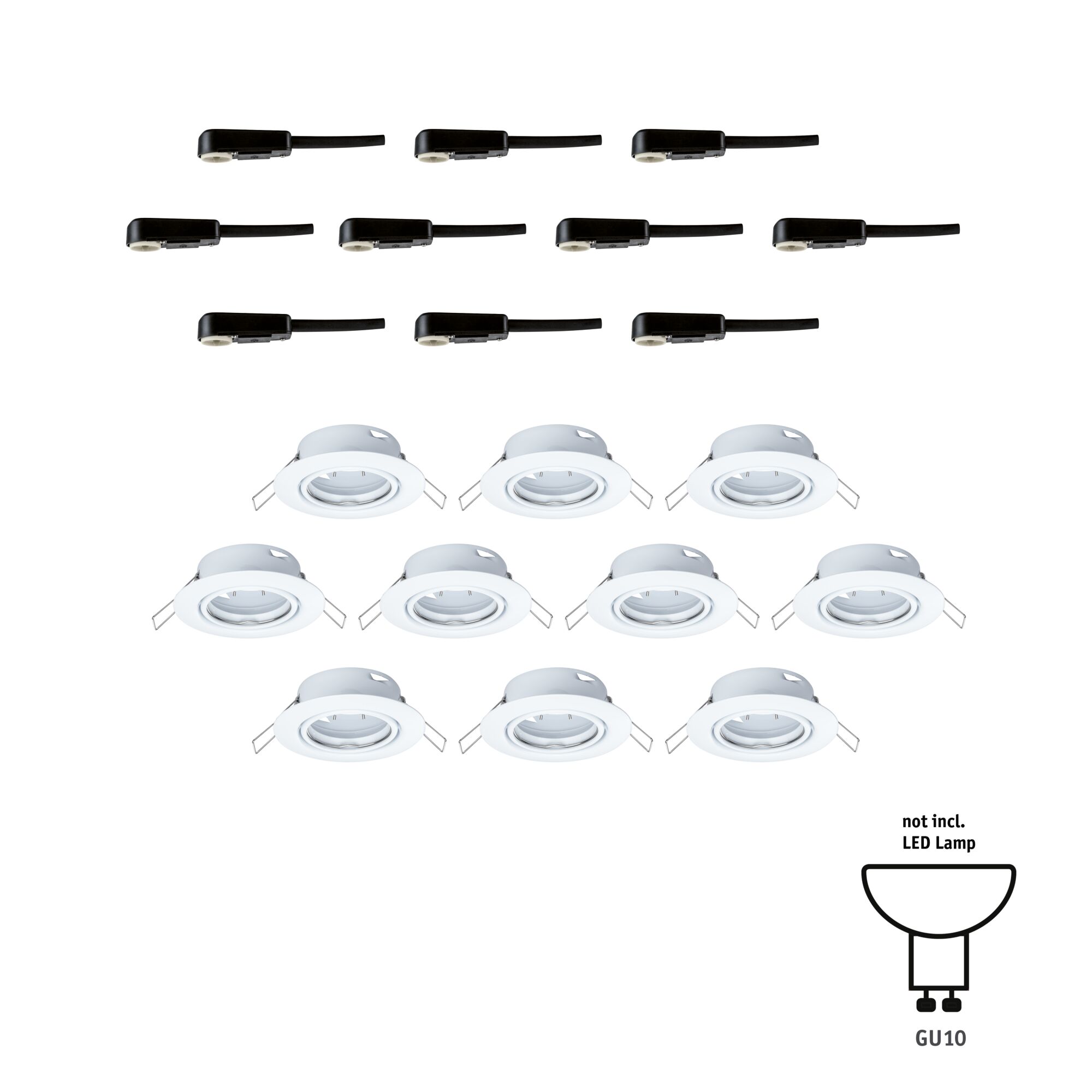 Ten white plastic recessed spotlights with ten black connectors for GU10 LED lamps