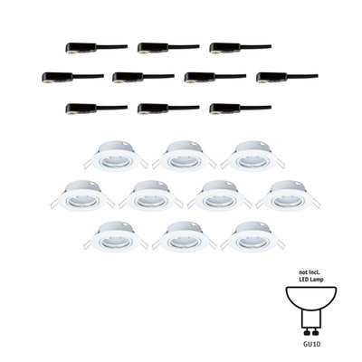 Dix spots encastrés blancs en plastique avec dix connecteurs noirs pour lampes LED GU10