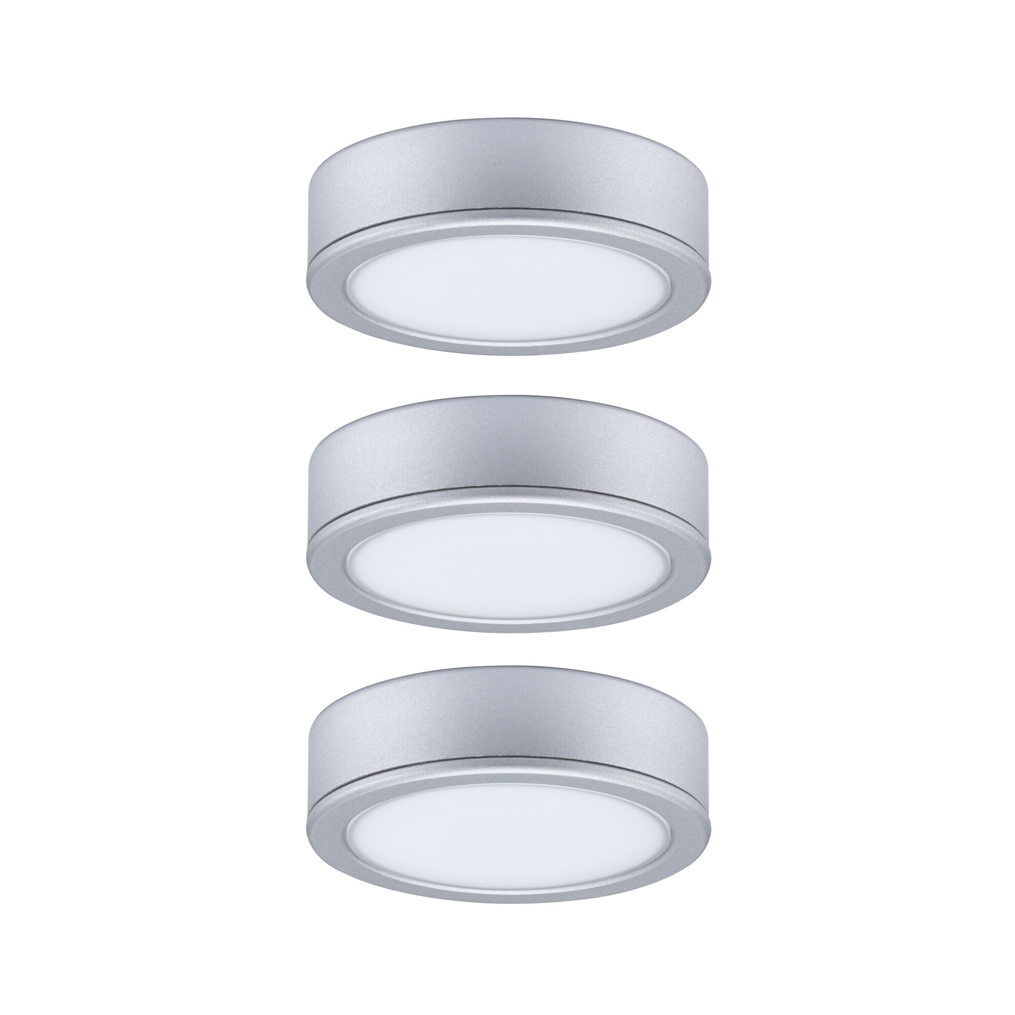 Tre runde LED-loftslamper i sølvfarvet aluminium med hvid diffusor til moderne belysning