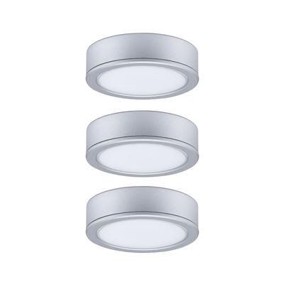 Three round silver aluminum LED ceiling lights with white diffuser for modern lighting solutions