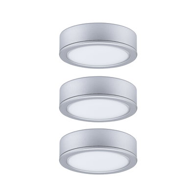 Three round silver aluminum LED ceiling lights with white diffuser for modern lighting solutions